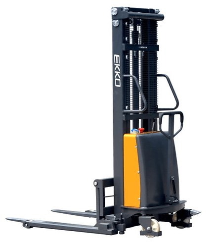 A rear-angled view of the gray and orange EKKO EA15B Semi-Electric Straddle Stacker, with its mast lowered and the handle visible on a white background.