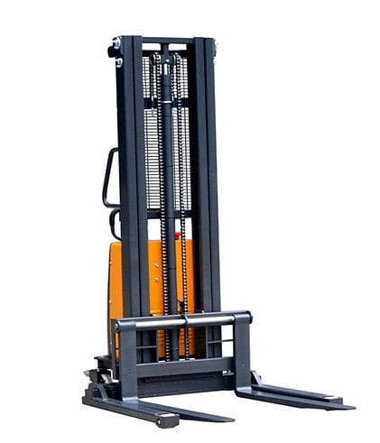 A full front view of the gray and orange EKKO EA15B Semi-Electric Straddle Stacker, with its adjustable straddle legs and forks in the lowered position on a white background.