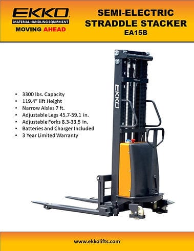 A product info sheet for the EKKO EA15B Semi-Electric Straddle Stacker with a bulleted list of features like adjustable legs from 43.5-59.1 inches and a 3-year limited warranty.