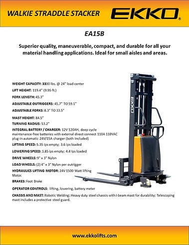 A detailed product information sheet for the EKKO EA15B Semi-Electric Straddle Stacker showing a side profile and listing its key features, including its 3,300 lbs capacity and 119.4-inch max lift height.