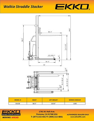 A technical diagram of the EKKO EA15B Semi-Electric Straddle Stacker, showing a side view and top-down view with detailed measurements and dimensions.