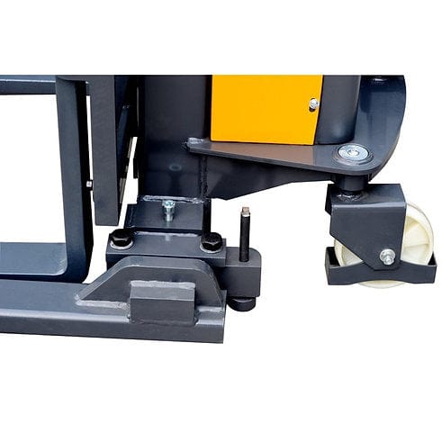 A close-up of the front wheel and adjustable leg of the gray and orange EKKO EA15B Semi-Electric Straddle Stacker on a white background.