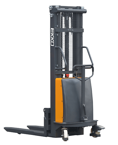 The EKKO EA15C semi-electric fork-over stacker, a yellow and black semi-electric warehouse lift, stands on a white background with its forks lowered.