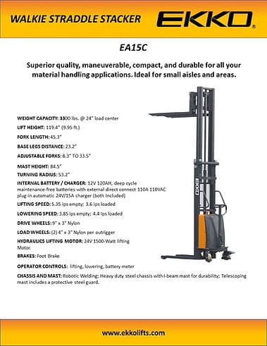 A product sheet for the EKKO EA15C walkie straddle stacker highlights its 3300 lbs capacity and 119.3-inch lifting height, with a side profile view of the stacker on the right.