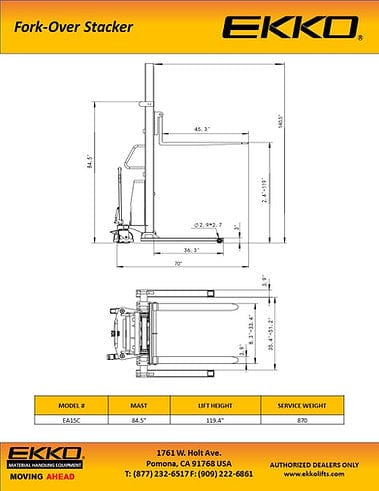 A technical diagram for the EKKO EA15C fork-over stacker, showing detailed measurements of the machine's forks, legs, and overall height in inches and millimeters.