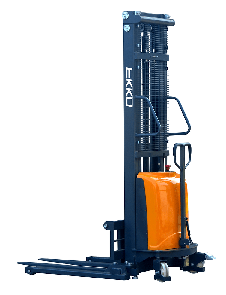 The EKKO EA15D semi-electric straddle stacker, a black and yellow warehouse lift, is shown from a three-quarter view with its straddle legs and forks lowered on a white background.