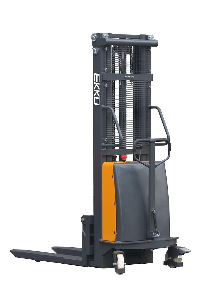 A full view of the yellow and black EKKO semi-electric fork-over stacker model EA15E, highlighting its compact design.