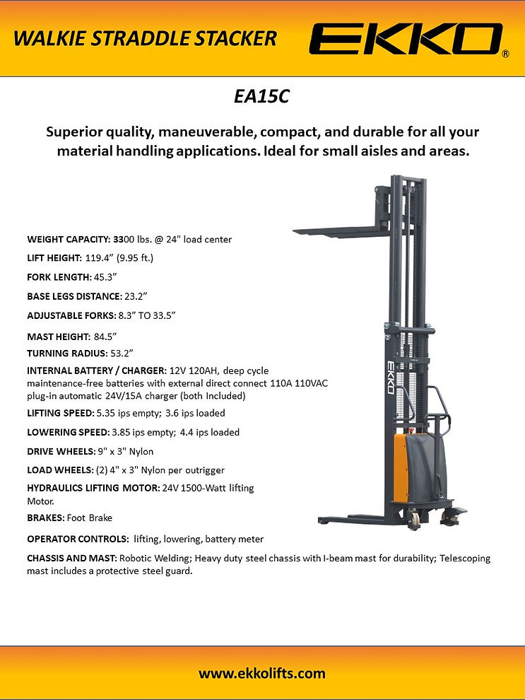 The EKKO semi-electric walkie straddle stacker model EALSC, with listed specifications and features like a 3,000 lbs. capacity and 118" lift height.