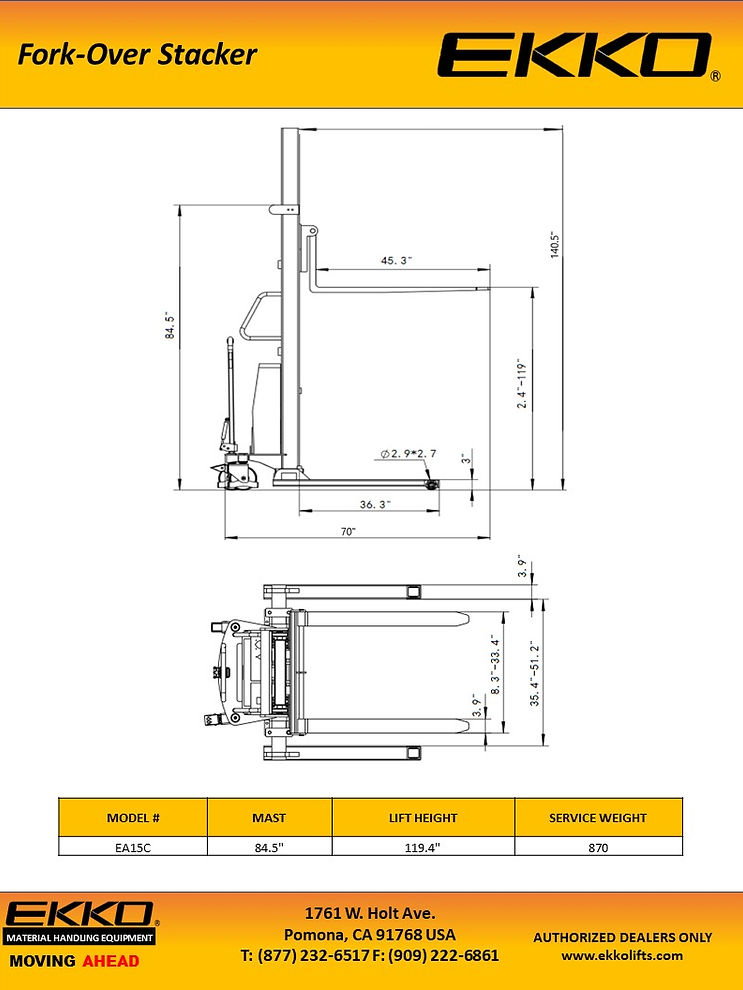 A technical diagram of the EKKO fork-over stacker with measurements for the extended mast height of 140.5" and lowered height of 81.8".