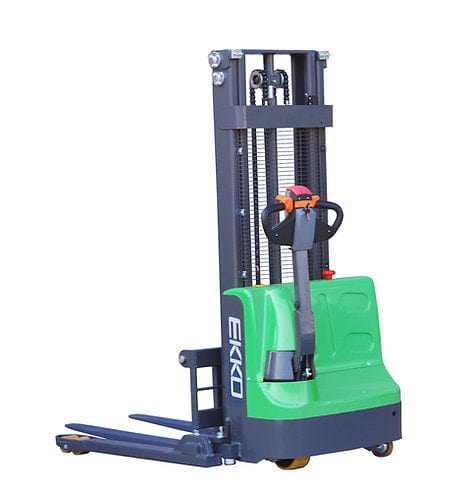 A front-angled view of a green EKKO EB12E-98Li Lithium Iron Phosphate Electric Straddle Stacker with black accents and polyurethane wheels on a white background.