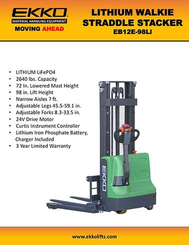 A product sheet for the EKKO EB12E-98Li Lithium Walkie Straddle Stacker with a bulleted list of features including a 2640 lbs load capacity, 98-inch max lift height, and 3-year limited warranty.