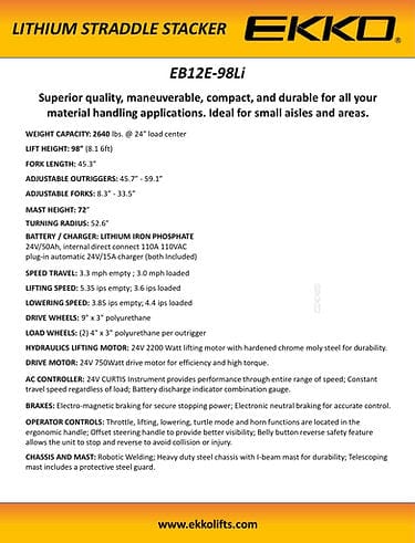 A product sheet for the EKKO EB12E-98Li Lithium Walkie Straddle Stacker, detailing its specifications and showing a side-view technical diagram.