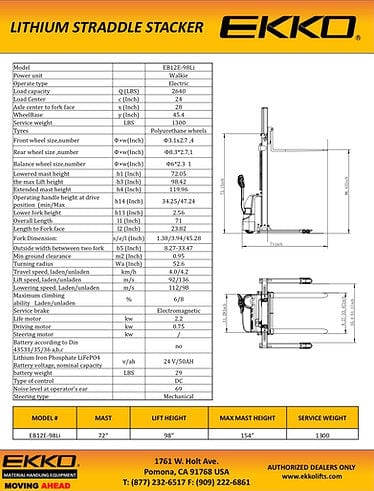A technical diagram of the EKKO EB12E-98Li Lithium Walkie Straddle Stacker, showing a top-down view and side view with key measurements and dimensions.