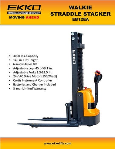 A front-facing view of the EKKO EB12EA Walkie Straddle Stacker, showcasing key features like its 3000 lbs capacity, 145.67-inch lift height, and Curtis Instrument Controller.