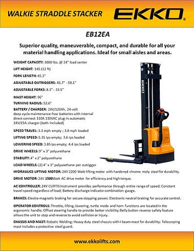 An EKKO EB12EA Walkie Straddle Stacker shown on a yellow background with a detailed product sheet listing specifications such as its 2200-watt lifting motor and 1500-watt driving motor, along with its 3-year limited warranty.