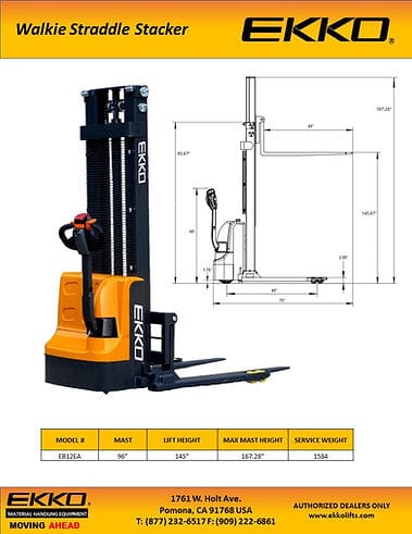 A detailed blueprint of the EKKO EB12EA Walkie Straddle Stacker with callouts for specific measurements including its overall length of 70 inches, overall width of 61 inches, and a lowered mast height of 95.67 inches.