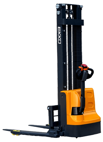 A full view of the orange and black EKKO EB12E electric straddle stacker, showcasing its lowered mast and forks against a plain white background.