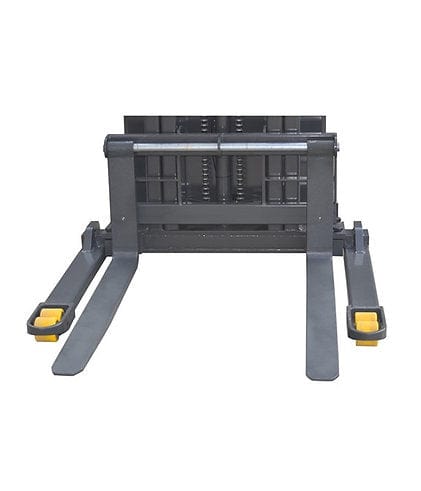 A front view of the forks and adjustable legs of the EKKO EB12E electric straddle stacker, showcasing its wide-set stance and adjustable width to handle a variety of pallet sizes.