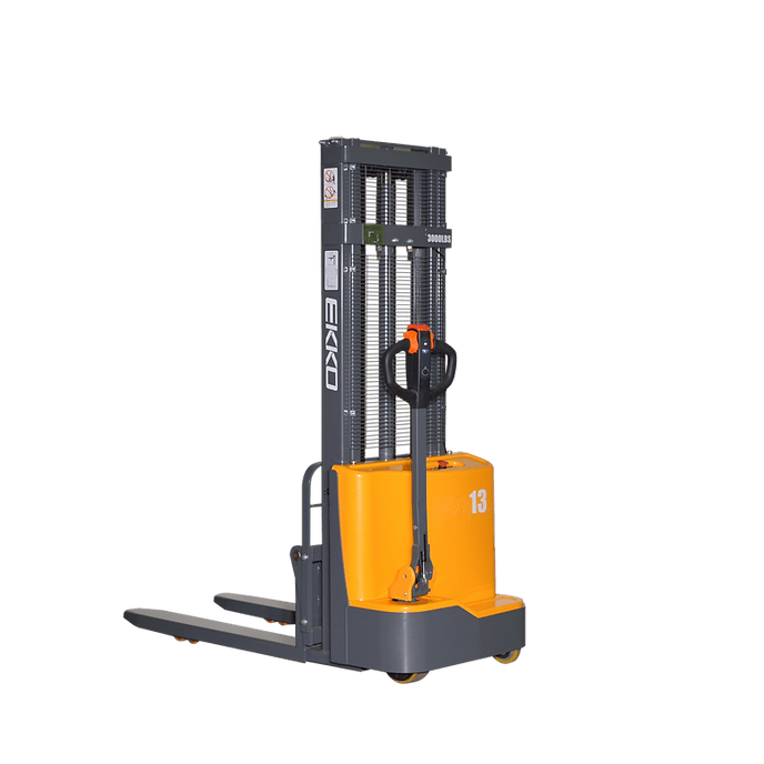 A gray and orange EKKO EB13CD Electric Fork Over Stacker with fixed forks, seen from the front with a transparent background.