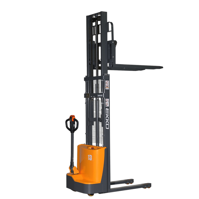 A gray and orange EKKO EB13CD Electric Fork Over Stacker from the side, showing the fixed forks and polyurethane wheels with a transparent background.