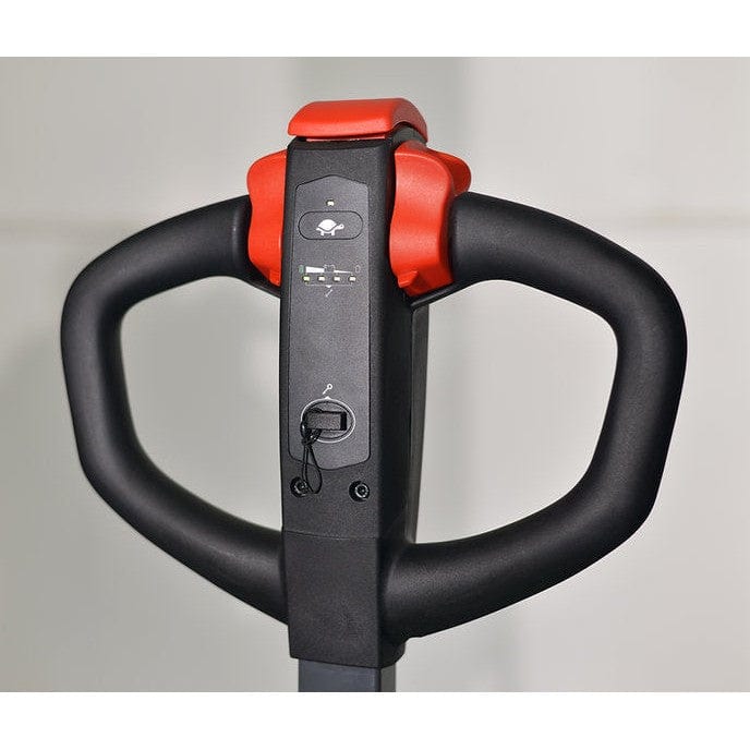 Close-up view of the ergonomic black and orange handle of the EKKO EB13CD Electric Fork Over Stacker, showing the controls for lifting and lowering.