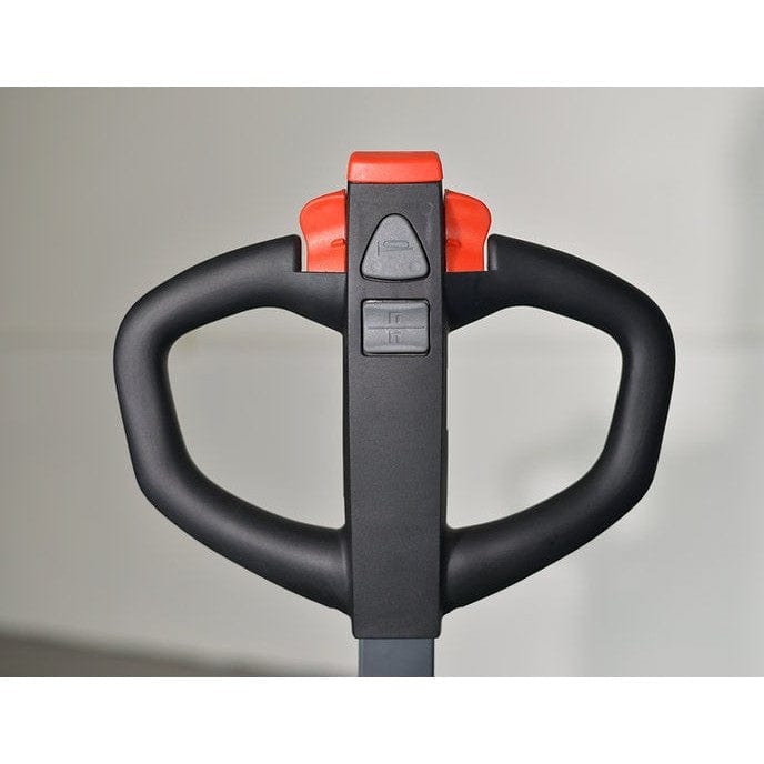 A close-up of the front of the ergonomic handle of the EKKO EB13CD Electric Fork Over Stacker, highlighting the red emergency button and controls.