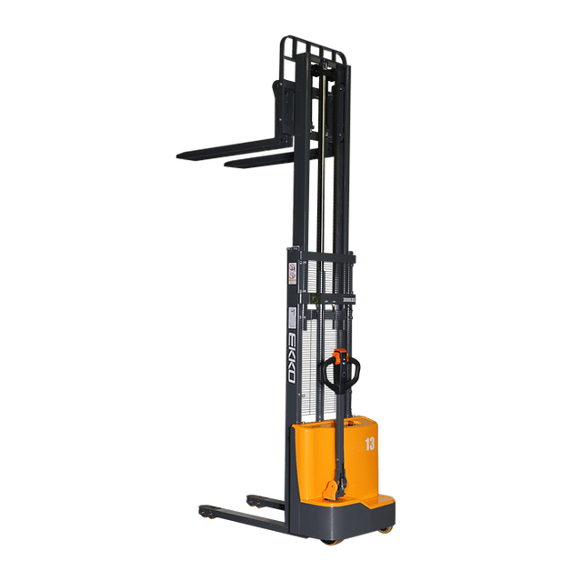 The gray and orange EKKO EB13CD Electric Fork Over Stacker with its mast fully extended to its maximum 118" raised height, on a transparent background.