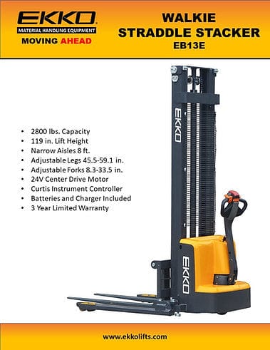 A product information sheet for the EKKO EB13E-138 Walkie Straddle Stacker, highlighting its durability and features like the Curtis Instrument Controller and a 3-year limited warranty.