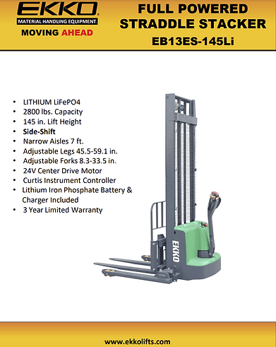 A front-view diagram of the EKKO EB13ES-145Li Full Powered Straddle Stacker with a 2640 lbs capacity, highlighting a 145-inch lift height and a 24V Center Drive Motor.