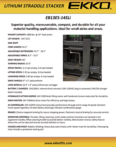 The EKKO EB13ES-145Li Lithium Straddle Stacker product sheet, detailing features such as the 24V/50Ah lithium battery, side-shifting, and its durable construction with robotic welding.