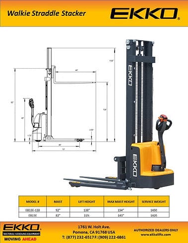 A detailed blueprint of the EKKO EB13E Walkie Straddle Stacker, including a table with key specifications like its 24-inch load center distance and 70-inch overall length.