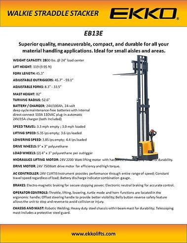 A product sheet for the EKKO EB13E Walkie Straddle Stacker, highlighting its superior quality, maneuverability, and durability for small warehouses, with details on its 2800 lbs lifting capacity and 3-year limited warranty.