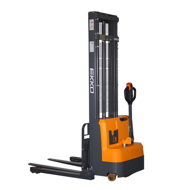 The EKKO EB14C-138 Electric Straddle Stacker, in gray and orange, shown from a front-angled view against a transparent background.