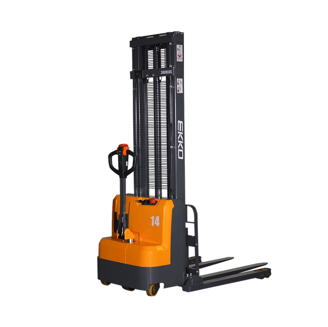 The EKKO EB14C-138 Electric Straddle Stacker shown from the left side, featuring its hydraulic mast and the adjustable straddle legs, on a transparent background.