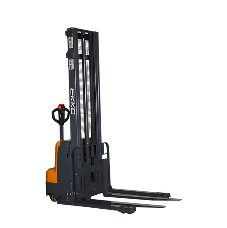 A compact side view of the EKKO EB14C-138 Electric Straddle Stacker on a transparent background, highlighting its fork and leg adjustments.