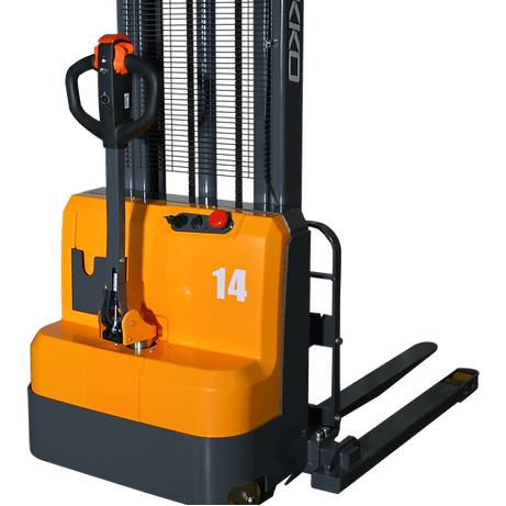 A close-up front view of the gray and orange EKKO EB14C-138 Electric Straddle Stacker's body, showing the model number "14" and the base of the mast.