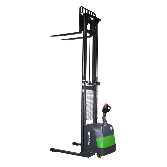 A side view of the EKKO EB18C-118Li Electric Straddle Stacker with the mast and forks extended on a transparent, checkerboard background.