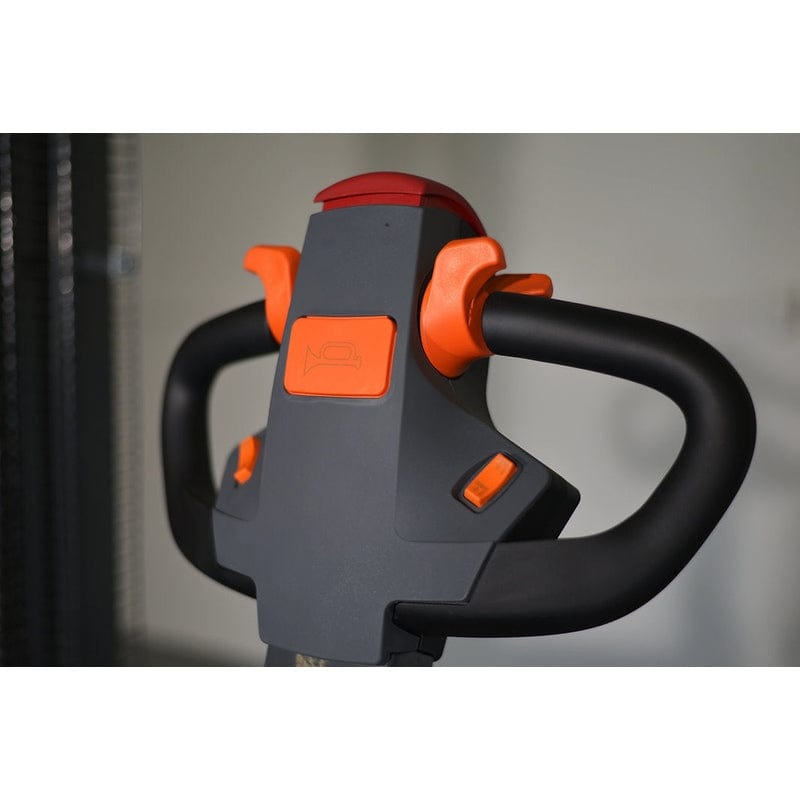 A close-up view of the ergonomic handle and controls of the EKKO EB18C-118Li Electric Straddle Stacker.