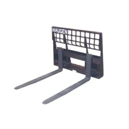 A black Haugen Skid-Steer Extreme Duty Fork with a heavy-duty brick guard and 1.75 inch x 4 inch fork tines on a white background.