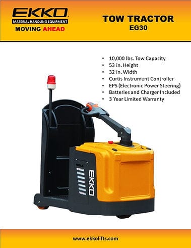 A full front view of the yellow EKKO EG30 Electric Tow Tractor with its tow hitch and handle visible, along with an information card that details its 10,000 lbs capacity and 3-year limited warranty.