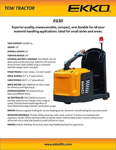 A yellow EKKO EG30 Electric Tow Tractor shown from the side, on a white background with an overlay text highlighting its features, like the standing drive design and polyurethane wheels.