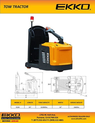 A side-view technical diagram of the EKKO EG30 Electric Tow Tractor, detailing its key dimensions including overall length of 55 inches and width of 32 inches, with a contact information overlay.