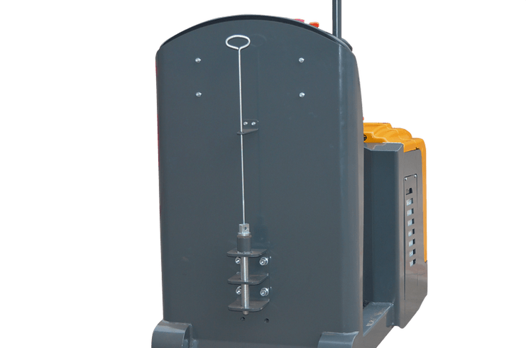 A close-up of the rear of the black handle and steering column of the EKKO EG30 Electric Tow Tractor, featuring the black plastic casing and visible hardware on a transparent background.