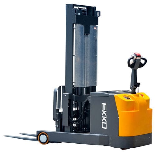 Angled front view of the EH15TH Walkie Reach Truck, highlighting its compact body, ergonomic handle, and the front portion of the triple mast.