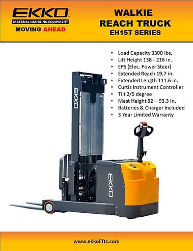 The EH15TH Lithium Walkie Reach Truck is highlighted on a brochure, showing its key specifications like a 3300 lbs load capacity, 216-inch lift height, 19.7-inch reach, and a 3-year limited warranty.