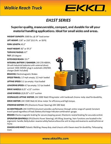 The EKKO EH15TH Walkie Reach Truck is featured on a brochure with detailed specifications, including a 3300 lb capacity, 216-inch lift height, Curtis Instrument Controller, and polyurethane wheels.