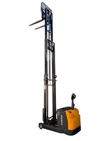 The EH15TH Walkie Reach Truck is shown with its triple mast fully extended, demonstrating its 216-inch maximum lifting height for reaching high warehouse racks.
