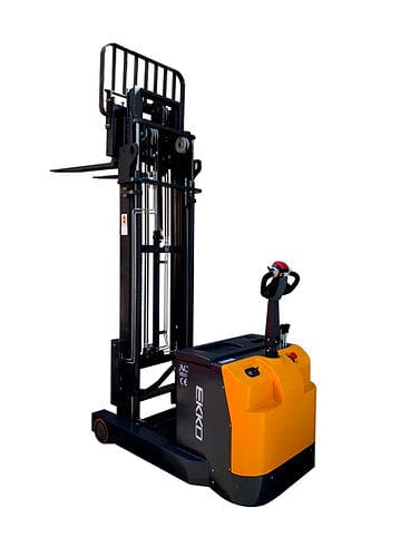 Full-length side view of the EH15TH Walkie Reach Truck, showing the triple mast extended and the adjustable forks ready for warehouse use.