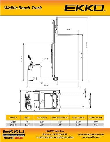 Technical blueprint of the EH15TH Walkie Reach Truck on a brochure, displaying its overall dimensions including an overall length of 111.6 inches and a width of 41 inches.
