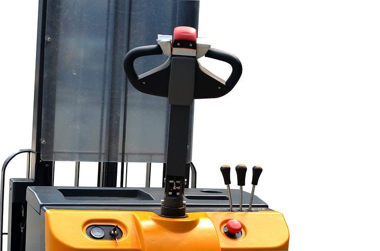 Close-up of the ergonomic control handle and panel of the EKKO EH15TH Walkie Reach Truck, featuring the red safety button, levers, and drive controls.